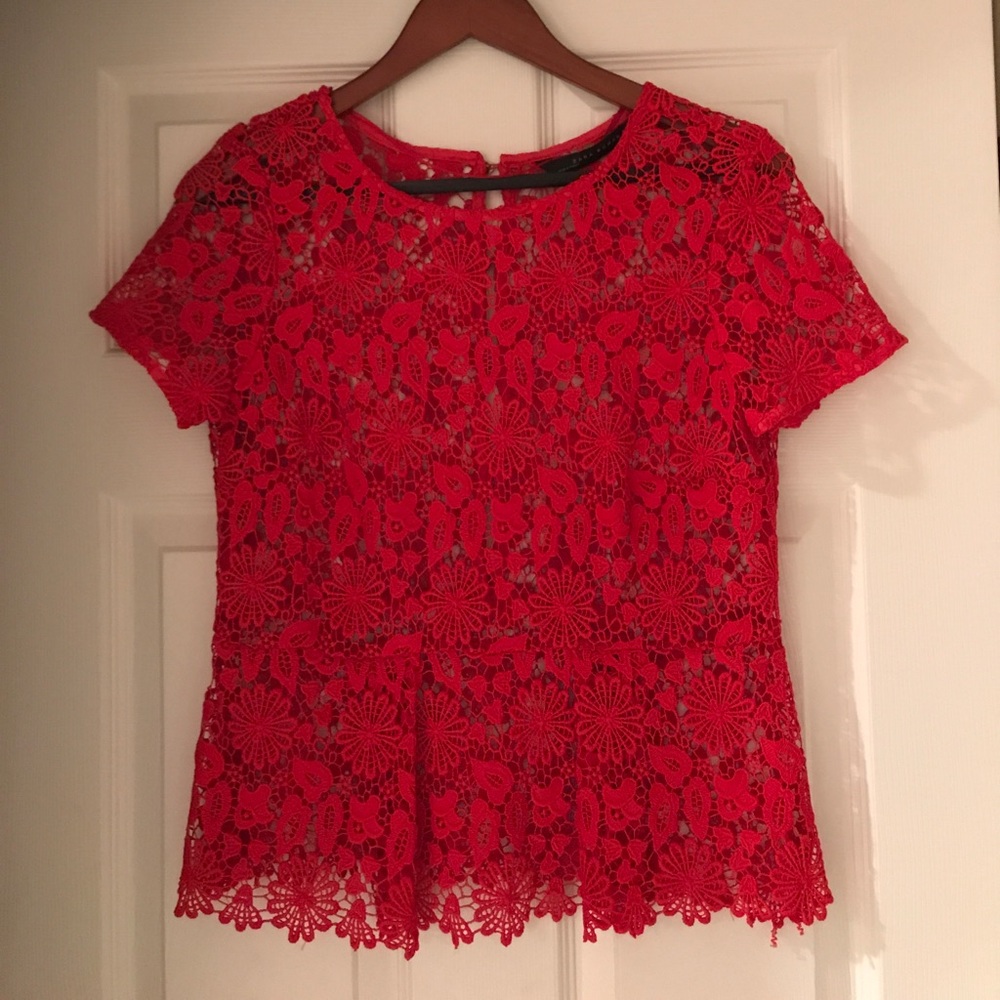 Zara Red Floral Lace Short Sleeve Blouse